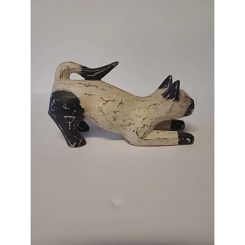Siamese Cat Wooden Figurine Statue Green Eyes Stretching Animal Table Decoration